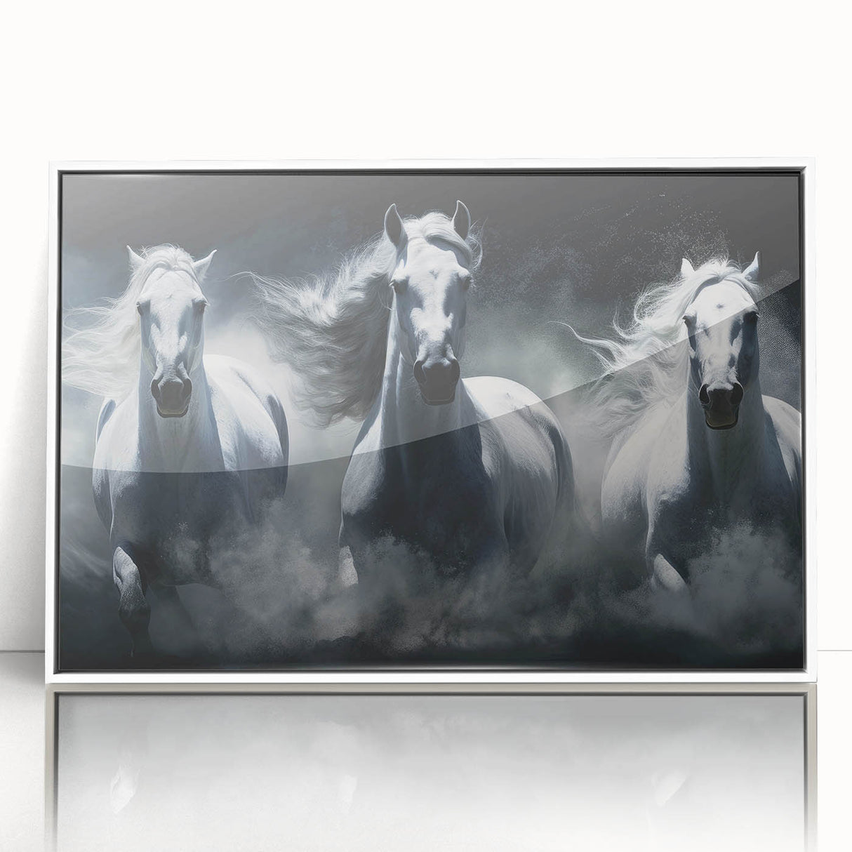 Framed wall art showcasing a wild horse design on acrylic, featuring vibrant colors and a sleek white frame, perfect for enhancing modern home decor.