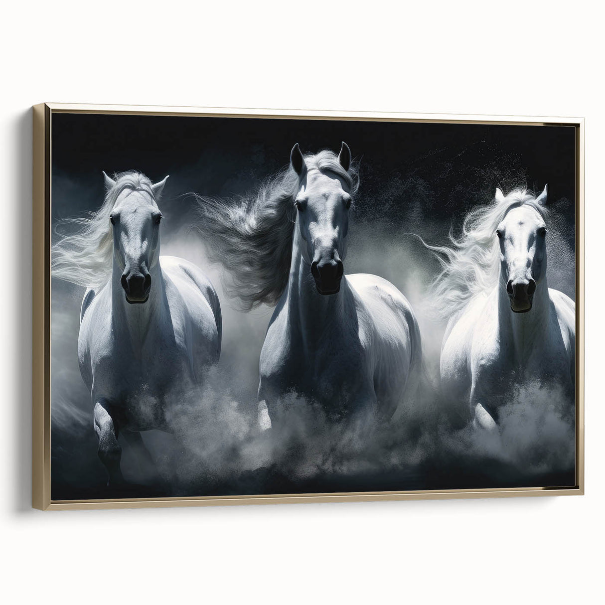 Framed wall art featuring a majestic gold horse design on canvas, showcasing intricate details and a side view, perfect for adding elegance to home decor.