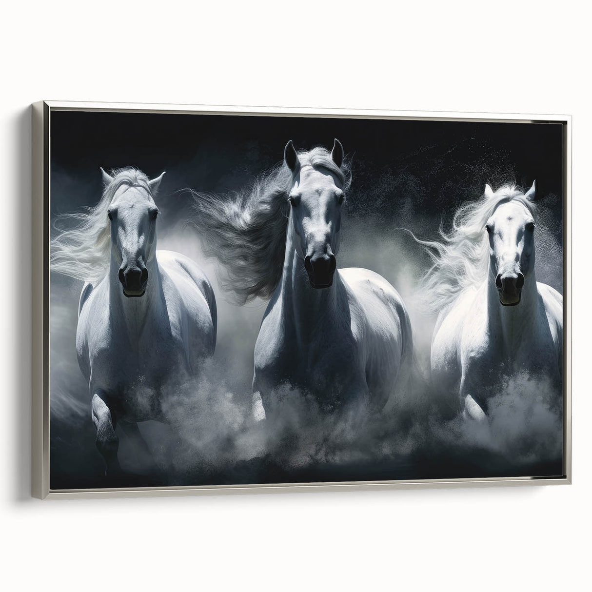 Framed wall art showcasing a majestic silver horse design in profile view, set against a minimalist background, perfect for home decor enthusiasts seeking elegance.