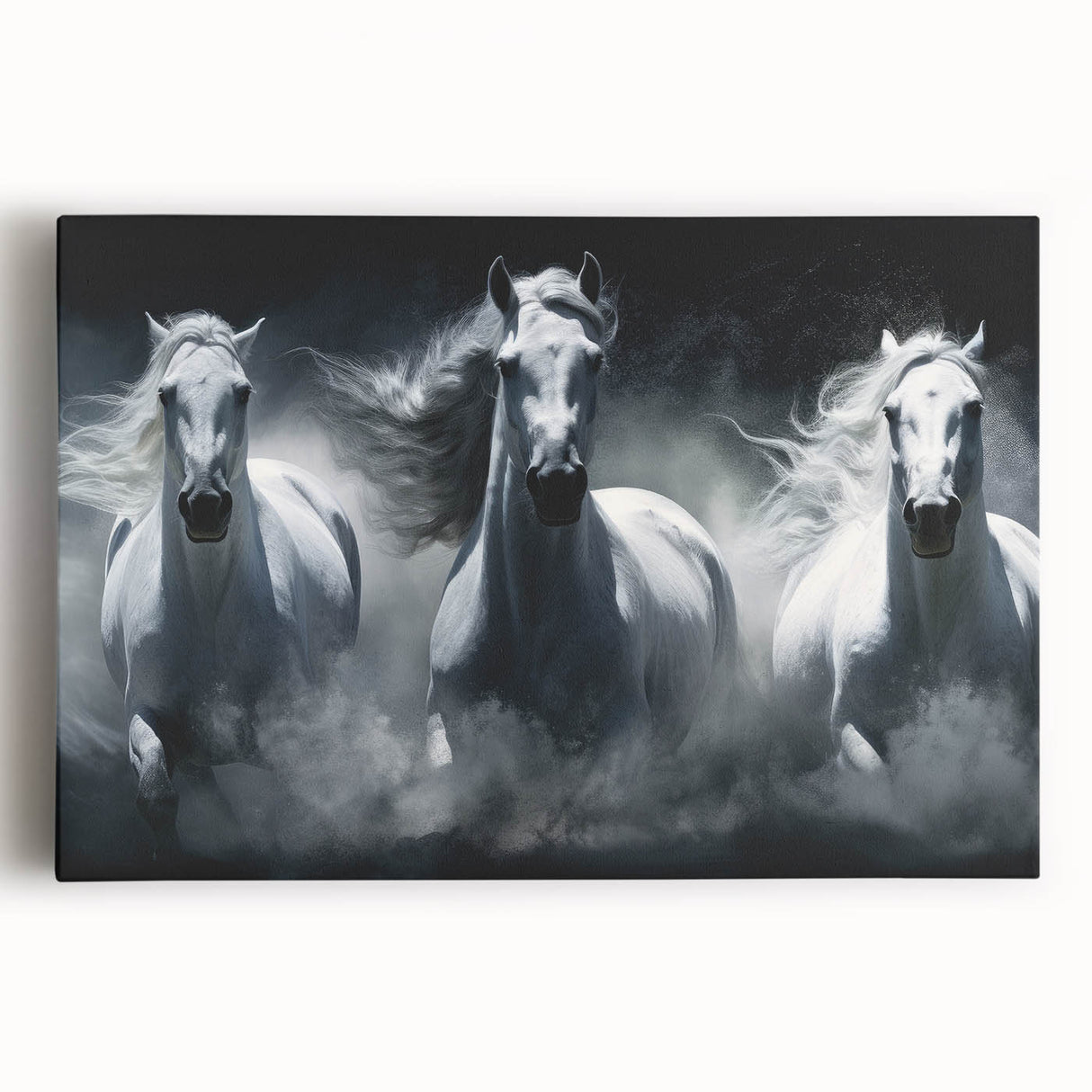 Stretched canvas wall art featuring a close-up design of a majestic wild horse in natural colors, perfect for equine enthusiasts and home decor.