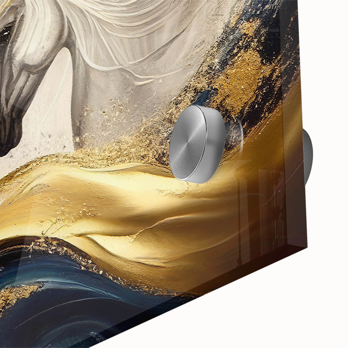Close-up of an acrylic glass wall art piece showcasing a vibrant horse design, highlighting intricate details and colors, perfect for animal lovers and home decor enthusiasts.