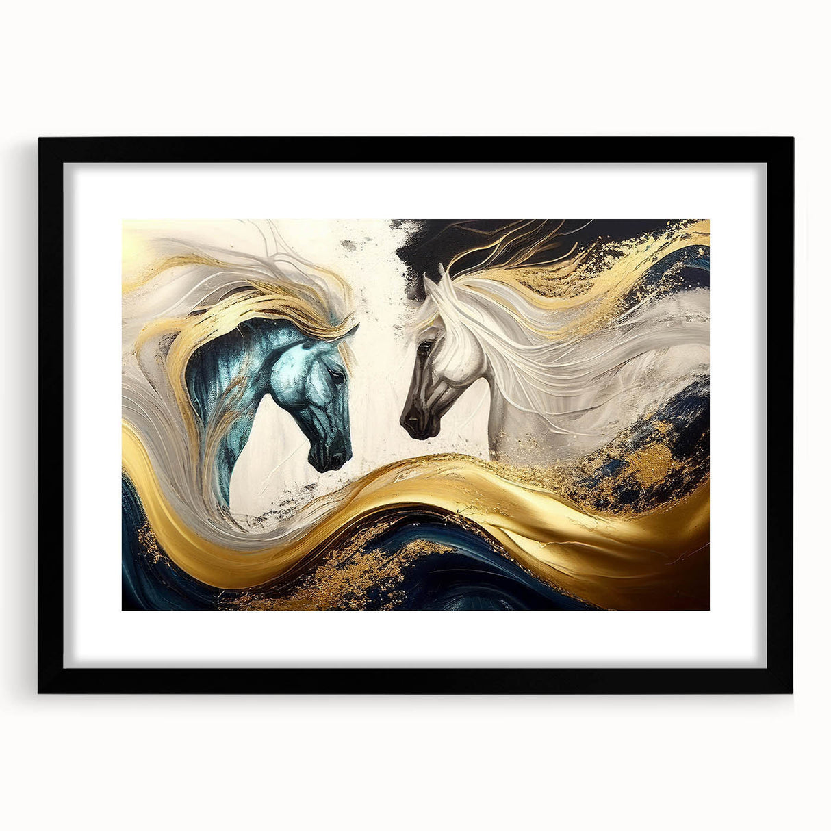 Framed wall art featuring a striking horse design from the "Animals: A Wild Life" collection, set in a sleek black frame with a mat, ideal for equestrian-themed decor.