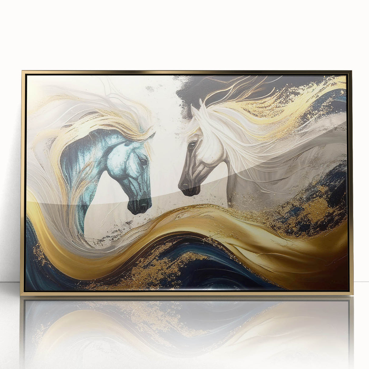 Framed acrylic wall art featuring a stunning gold horse design, showcasing intricate details and vibrant colors, perfect for enhancing modern home decor.