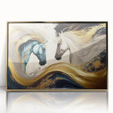 Framed acrylic wall art featuring a stunning gold horse design, showcasing intricate details and vibrant colors, perfect for enhancing modern home decor.