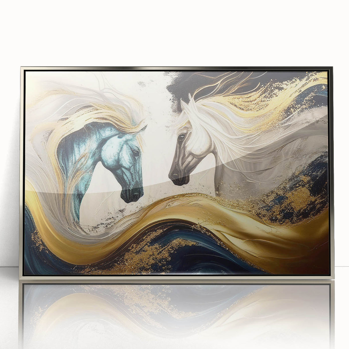Framed wall art featuring a striking horse design in silver acrylic, showcasing intricate details and a modern aesthetic, perfect for animal lovers and home decor.