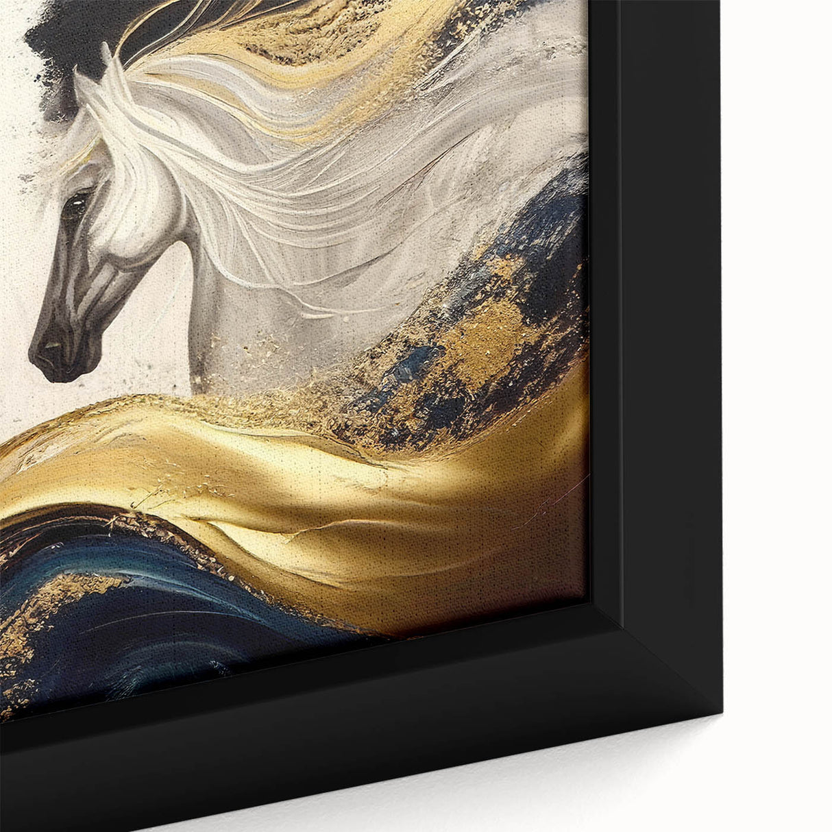 Close-up of a framed canvas wall art featuring a stunning horse design, showcasing vibrant colors and intricate details, perfect for animal lovers and home decor enthusiasts.