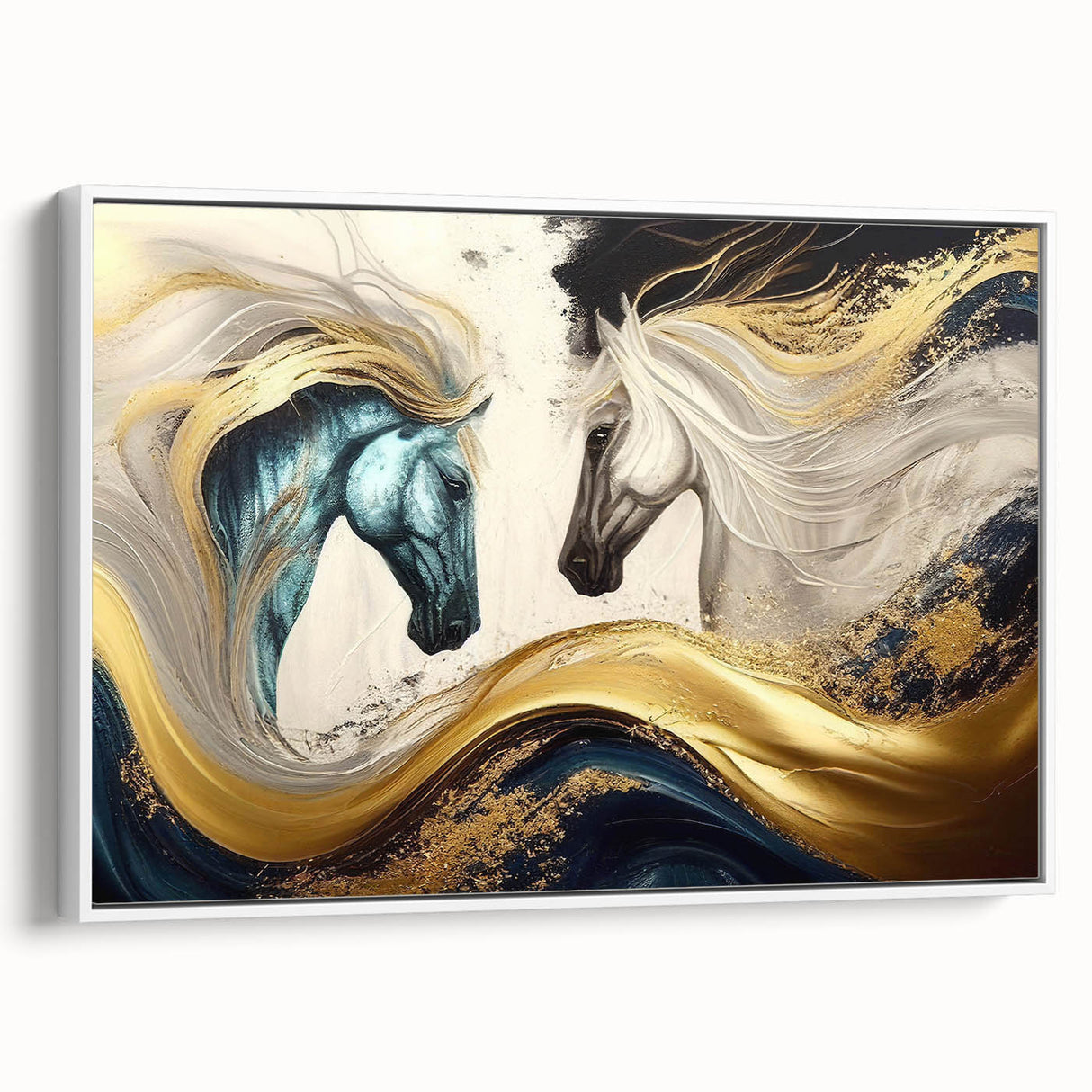 Framed canvas wall art featuring a minimalist horse design in a white frame, showcasing a side view of the majestic animal against a soft background, ideal for equestrian enthusiasts.