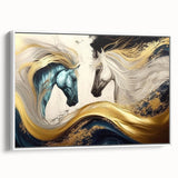 Framed canvas wall art featuring a minimalist horse design in a white frame, showcasing a side view of the majestic animal against a soft background, ideal for equestrian enthusiasts.