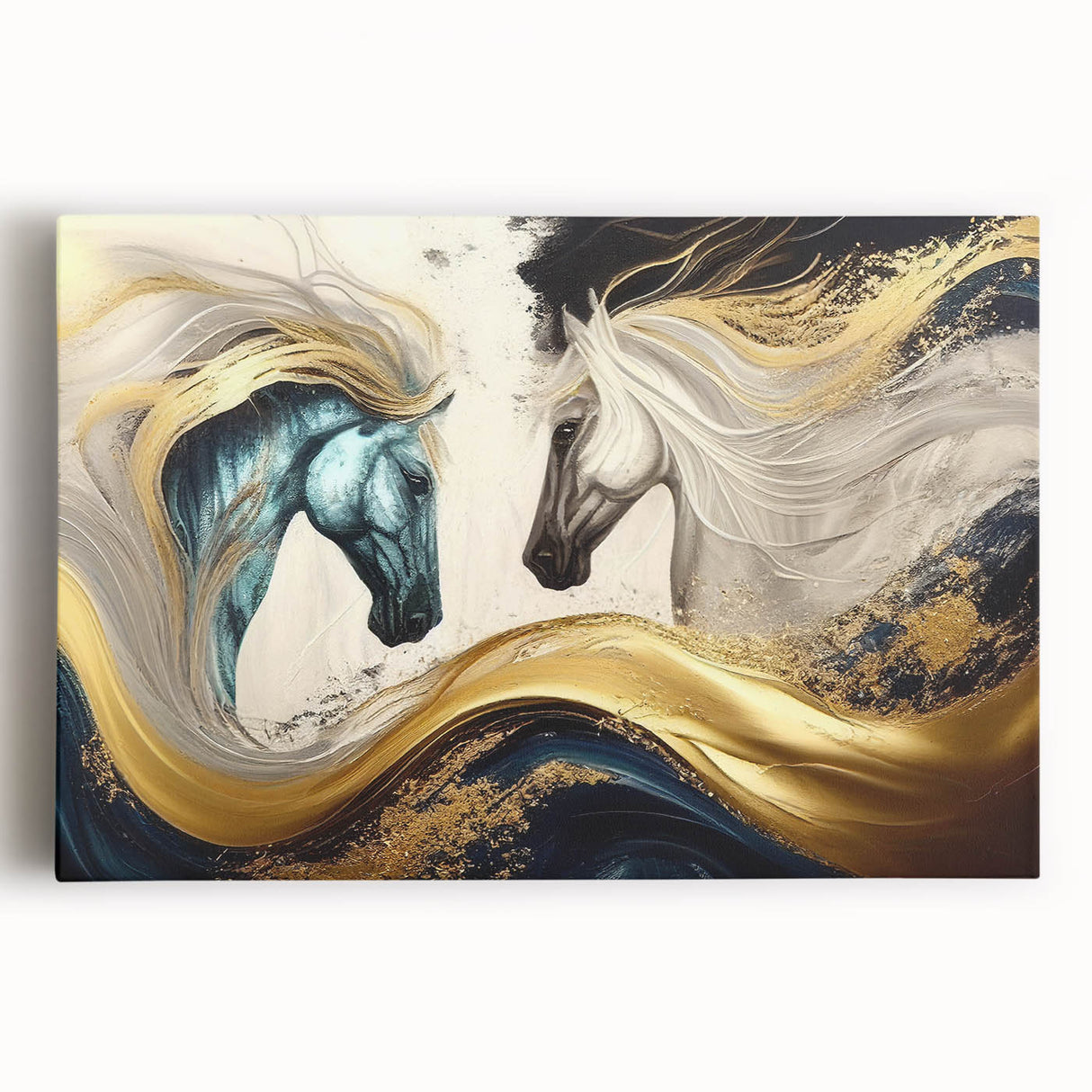 Stretched canvas wall art showcasing a vibrant horse design in a wild landscape, emphasizing rich colors and intricate details, ideal for animal lovers and home decor.