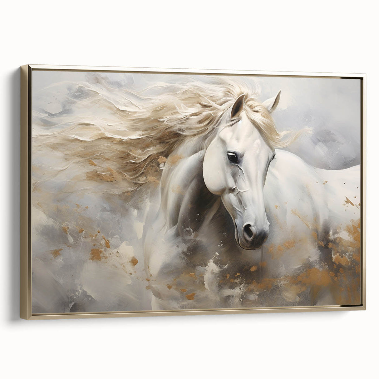Framed wall art featuring a stunning gold side view of a wild horse design, showcasing intricate details and vibrant colors, perfect for home decor enthusiasts.