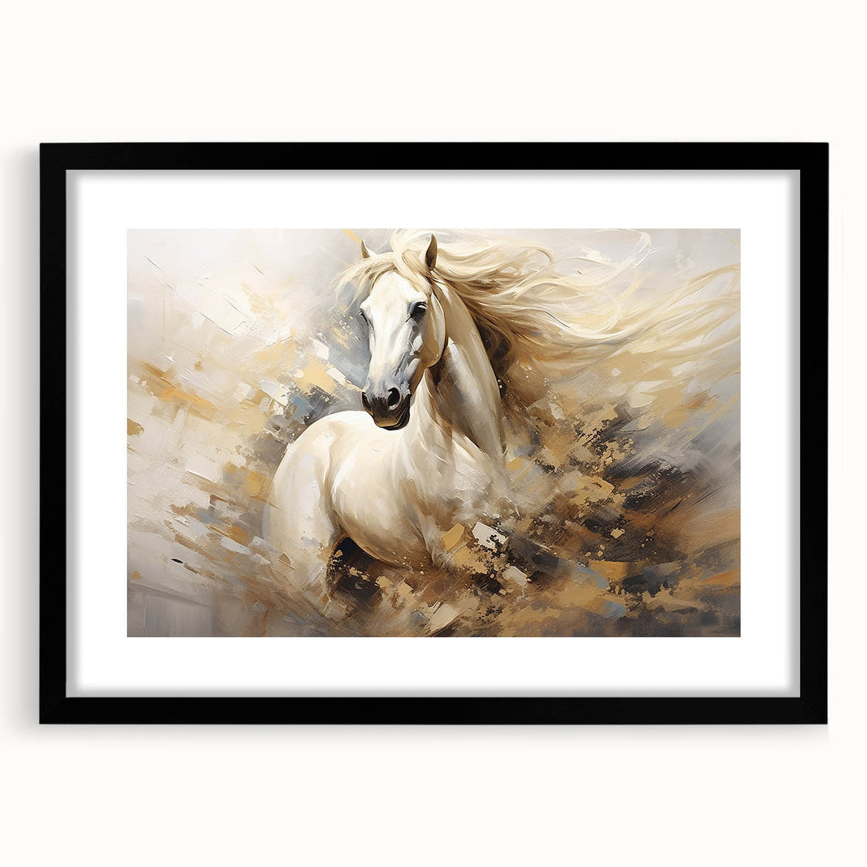 Framed wall art featuring a striking horse design, showcasing intricate details and a sleek black mat. Ideal for equine enthusiasts and modern decor.