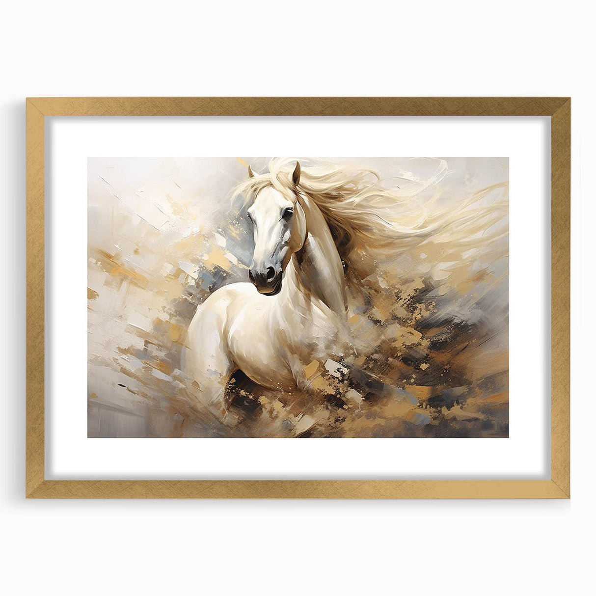 Framed wall art featuring a striking horse design from the 'Animals A Wild Life' collection, highlighted by a gold mat, perfect for adding elegance to any decor.
