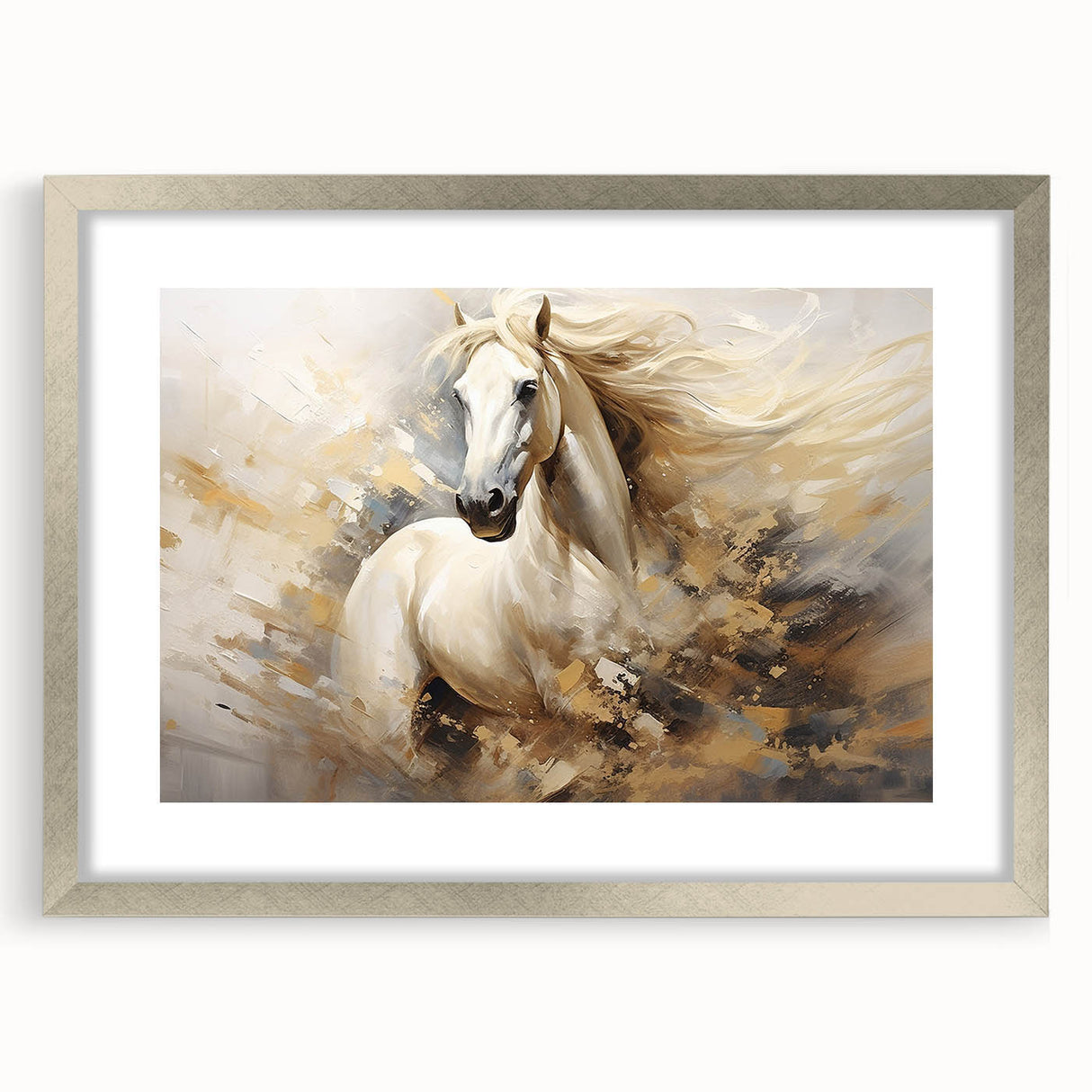 Framed wall art featuring a majestic horse design in a silver frame, accented with a white mat, ideal for animal lovers seeking elegant home decor. Perfect for adding a touch of sophistication to any room.