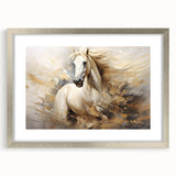 Framed wall art featuring a majestic horse design in a silver frame, accented with a white mat, ideal for animal lovers seeking elegant home decor. Perfect for adding a touch of sophistication to any room.
