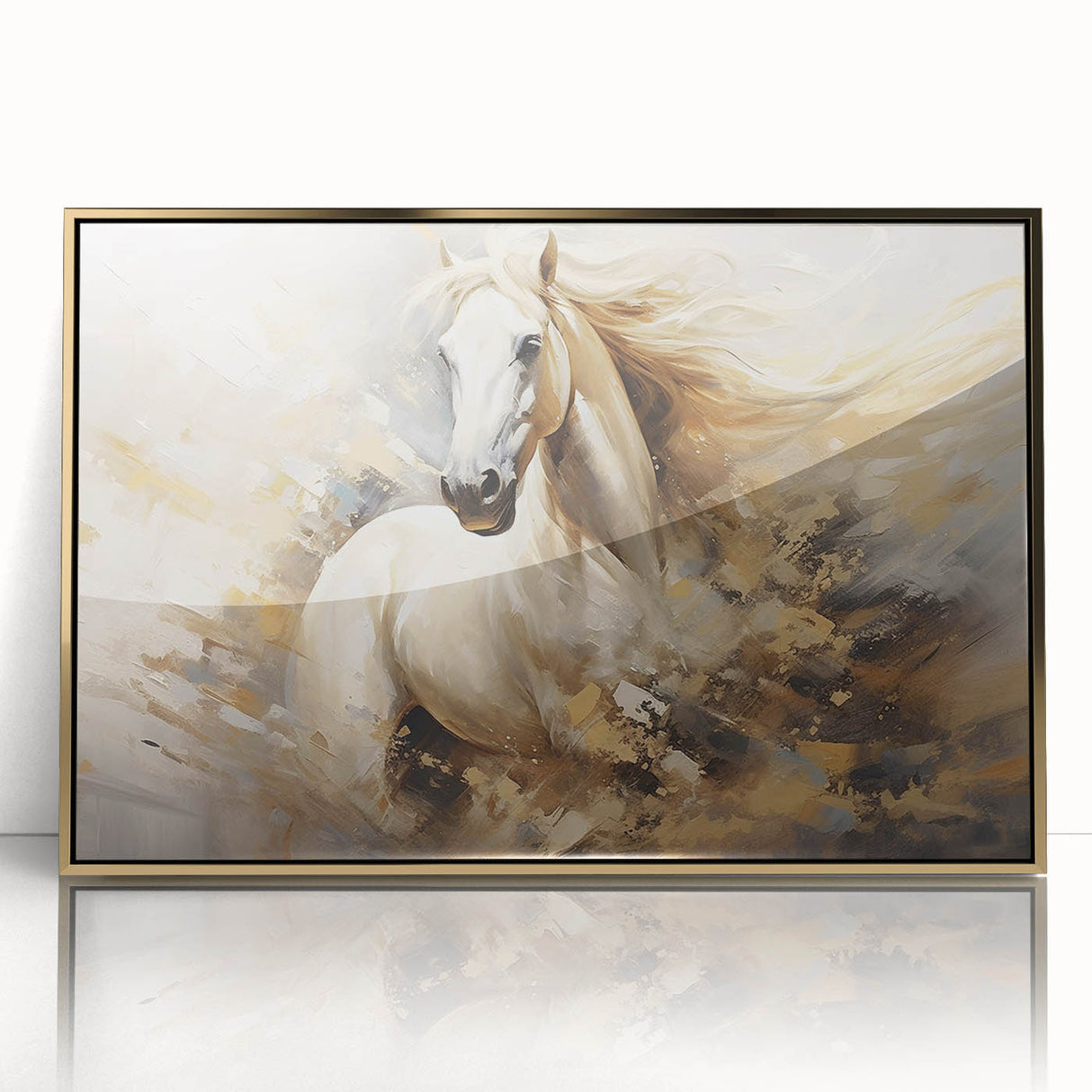 Framed wall art featuring a stunning gold-accented horse design in a front view, ideal for adding elegance to home decor. Perfect for animal lovers and art enthusiasts.