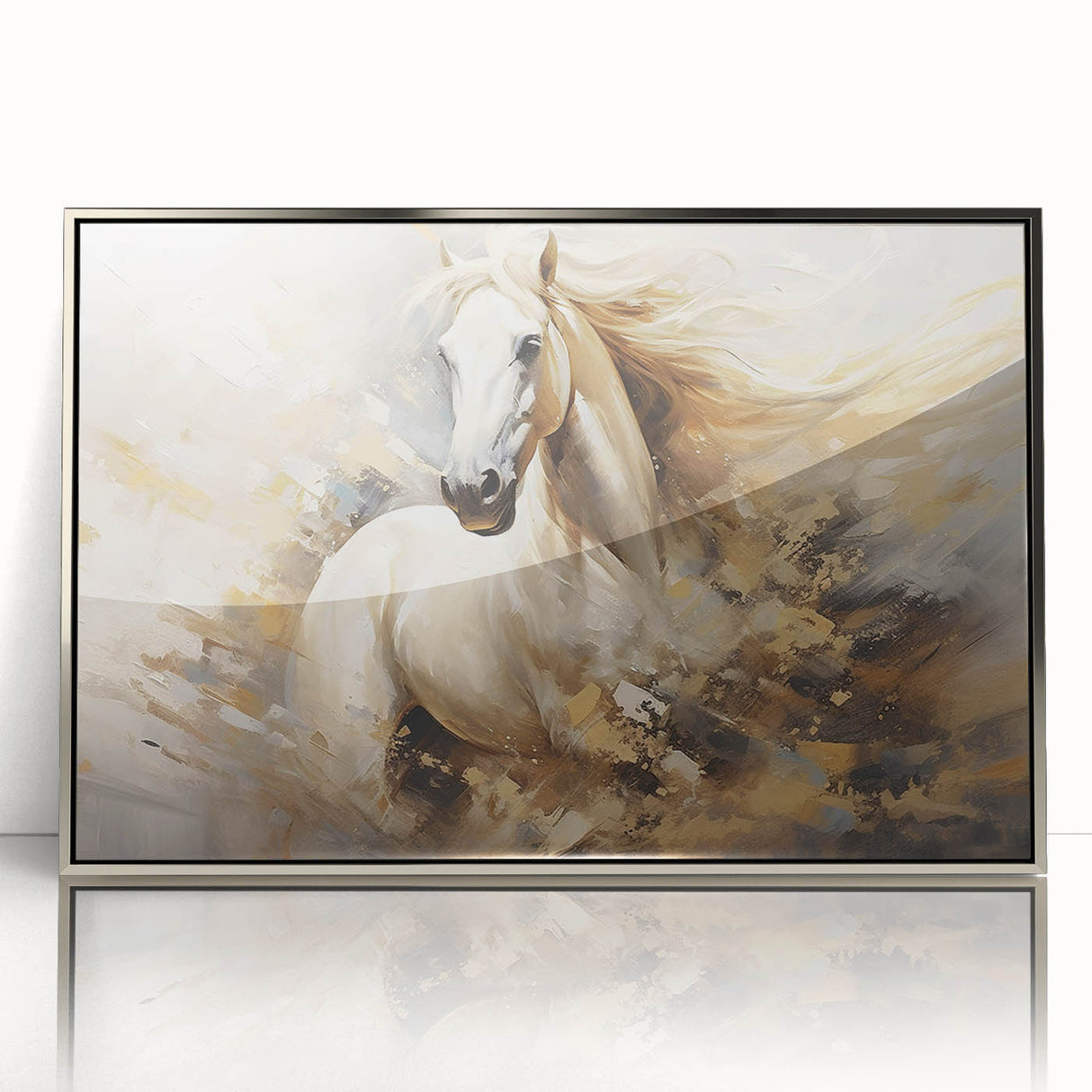 Framed wall art featuring a silver-accented horse design in a contemporary style, perfect for animal lovers and modern decor. The acrylic front enhances visual depth.