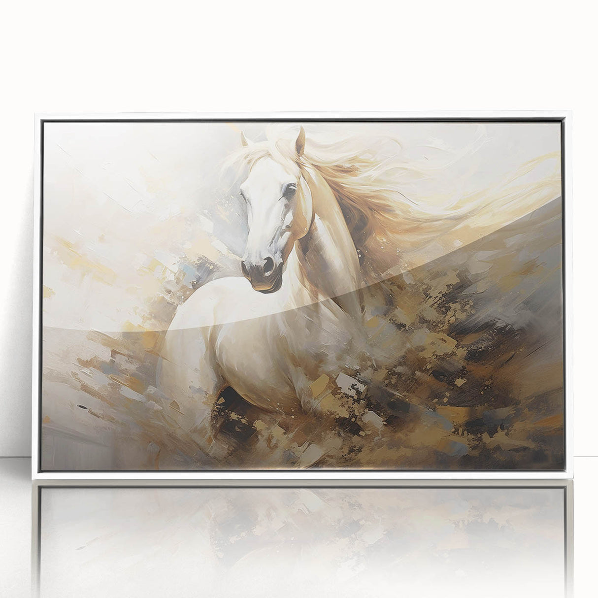 Framed acrylic wall art showcasing a stunning horse design, featuring a sleek white frame and vibrant colors, perfect for adding a touch of elegance to any interior decor.