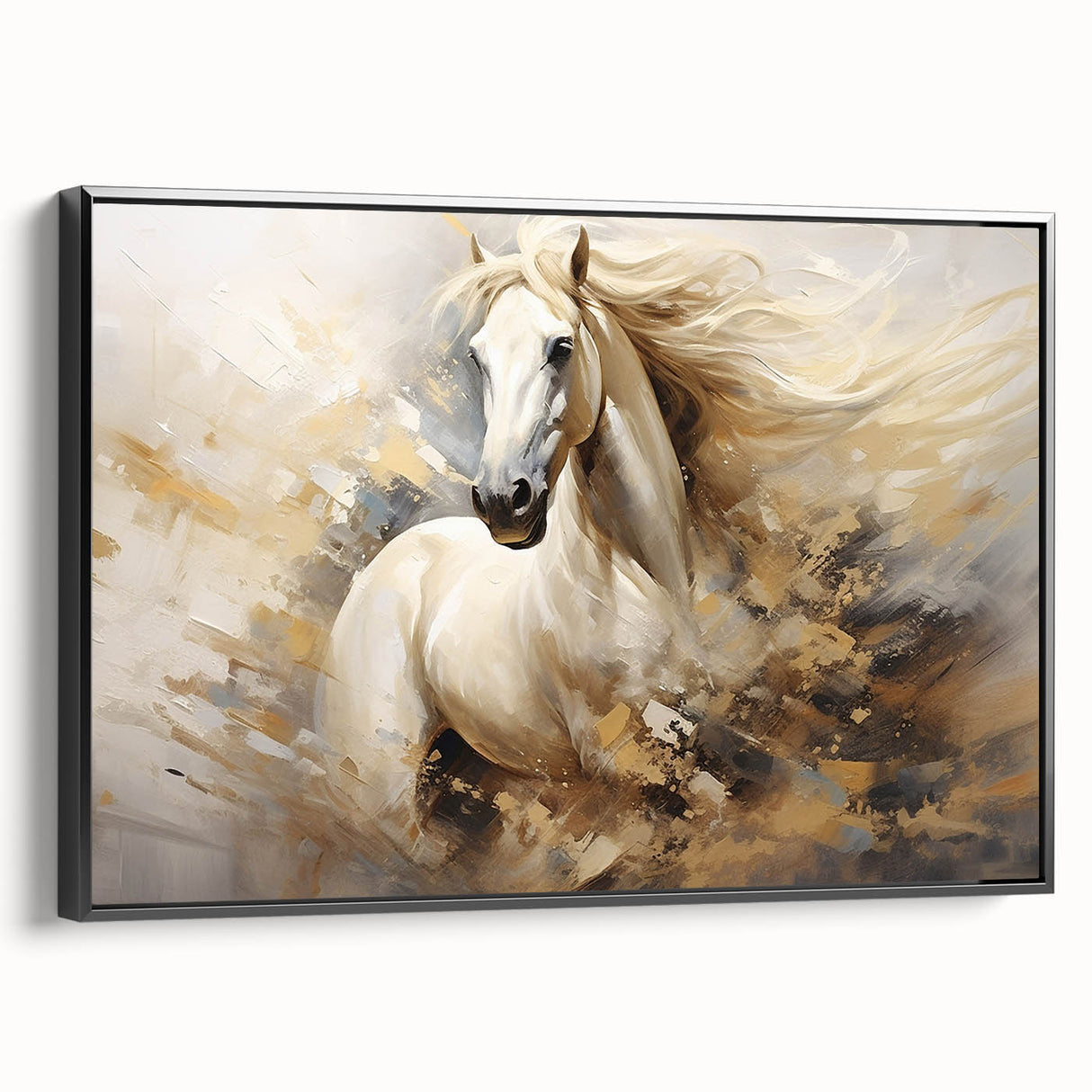 Framed canvas wall art showcasing a striking side view of a black horse in a wild landscape, perfect for equine enthusiasts and nature lovers.