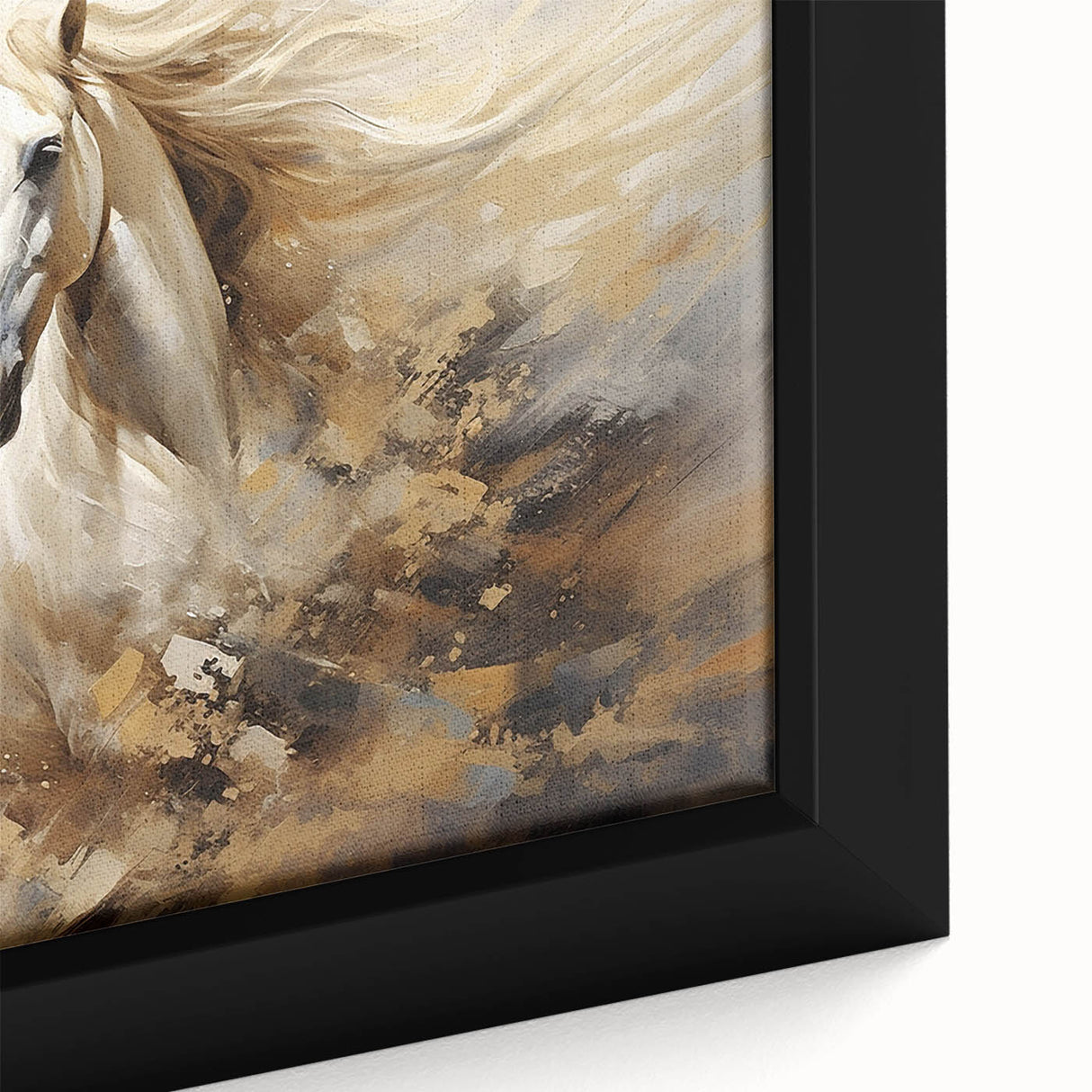 Close-up view of a framed canvas wall art featuring a majestic horse design, showcasing intricate details and vibrant colors against a textured background, perfect for animal lovers and home decor enthusiasts.