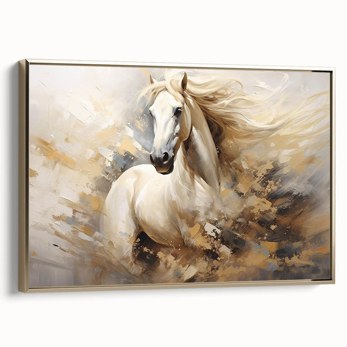 Framed canvas wall art depicting a side view of a majestic horse in a wild landscape, featuring a gold frame that enhances its vibrant colors, ideal for animal lovers and home decor enthusiasts.