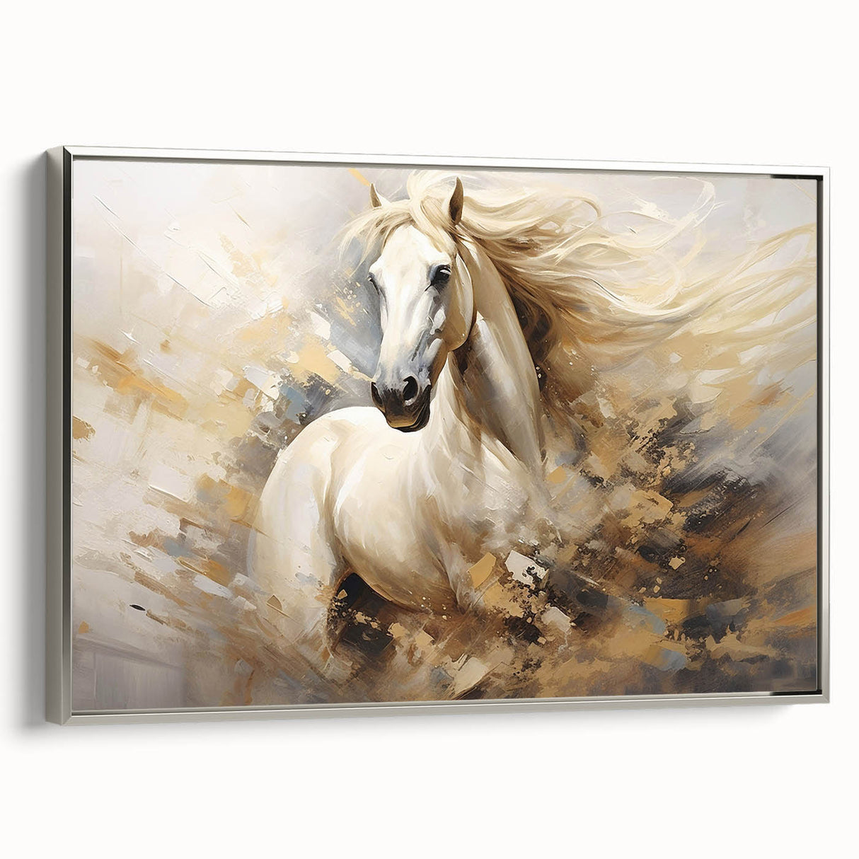 Framed canvas wall art featuring a side view of a majestic silver horse design, showcasing intricate details and textures, perfect for animal lovers and home decor enthusiasts.