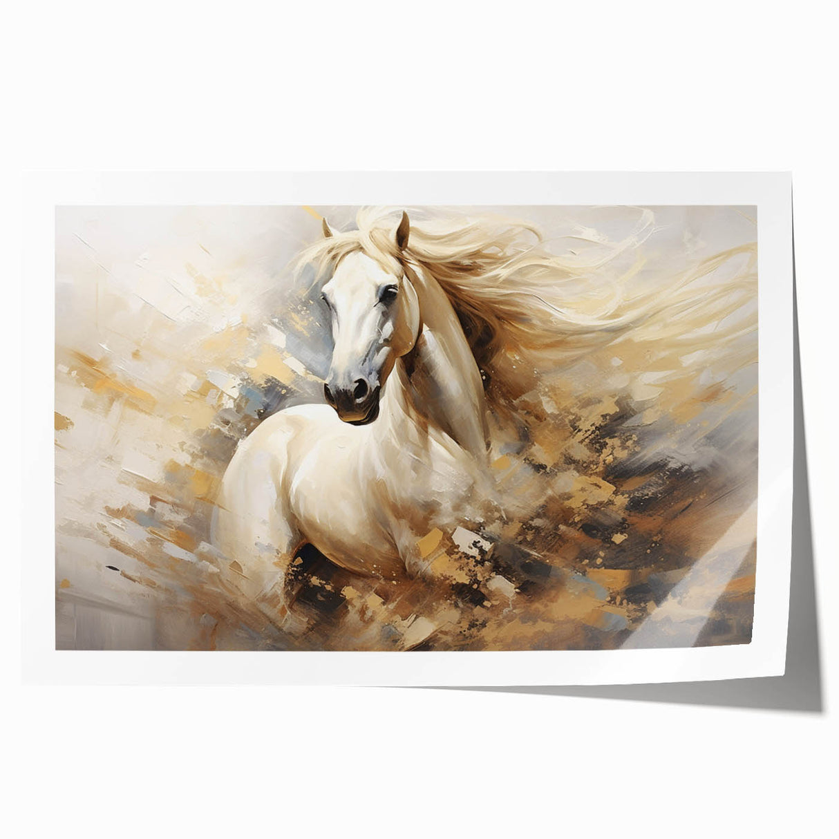A vibrant rolled canvas print showcasing a majestic horse in a wild landscape, featuring rich colors and intricate details, perfect for nature-themed decor.