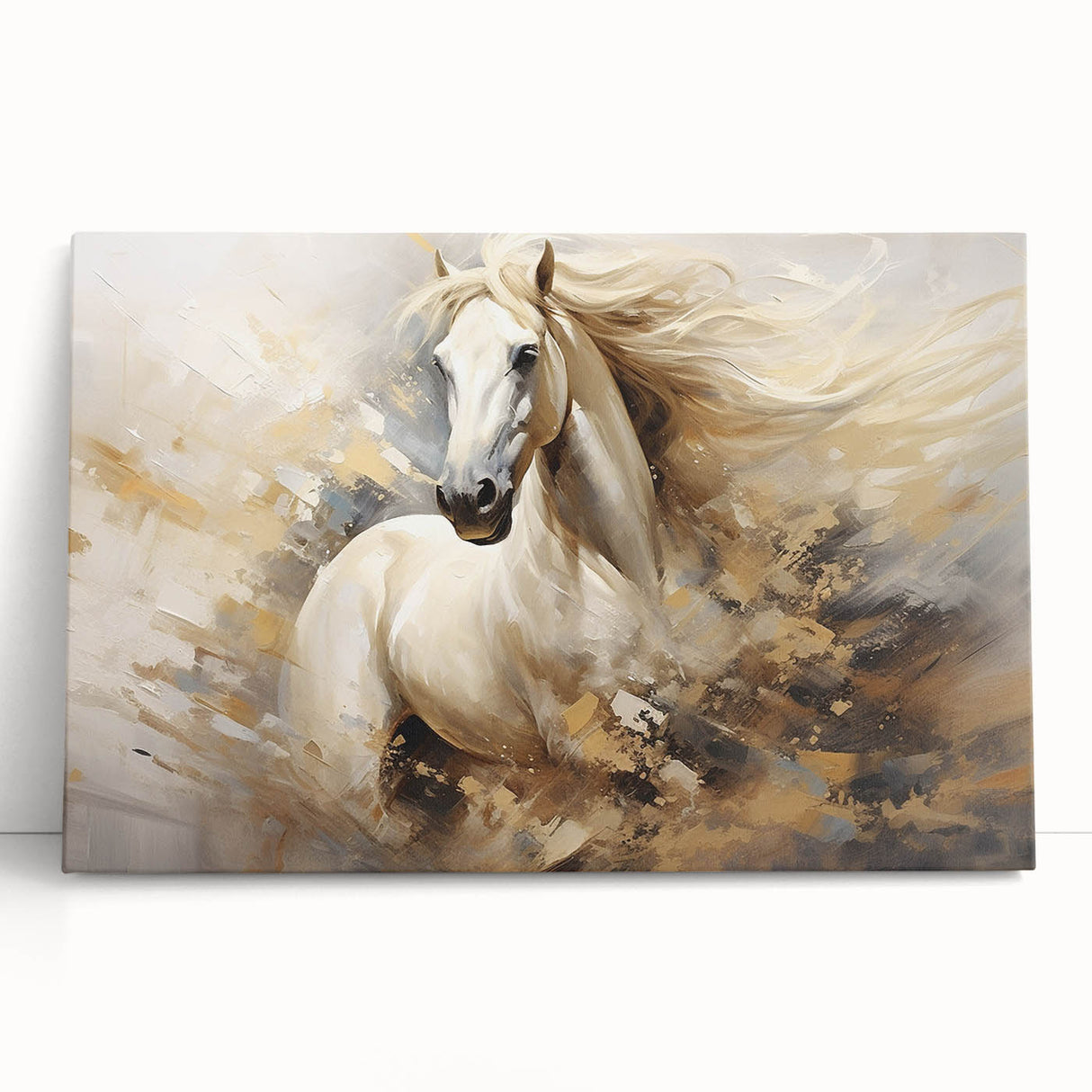 Stretched canvas wall art featuring a vibrant horse design, showcasing rich colors and intricate details, perfect for animal lovers and home decor enthusiasts.