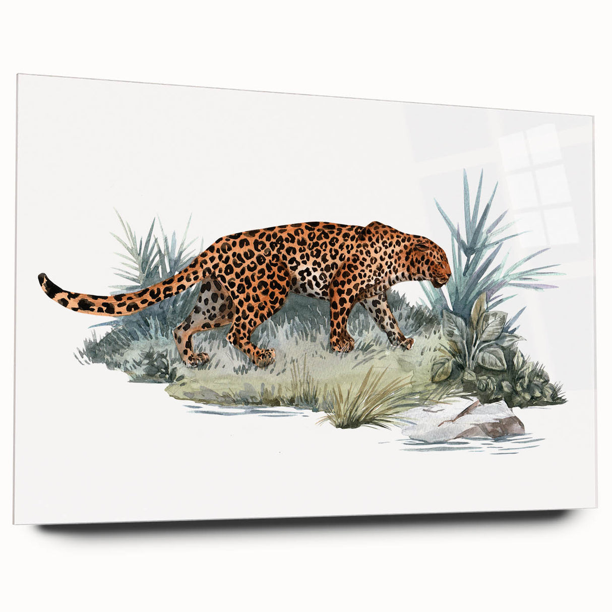Side view of a jaguar wall art design displayed in acrylic glass, showcasing vibrant colors and intricate details, perfect for wildlife decor enthusiasts.