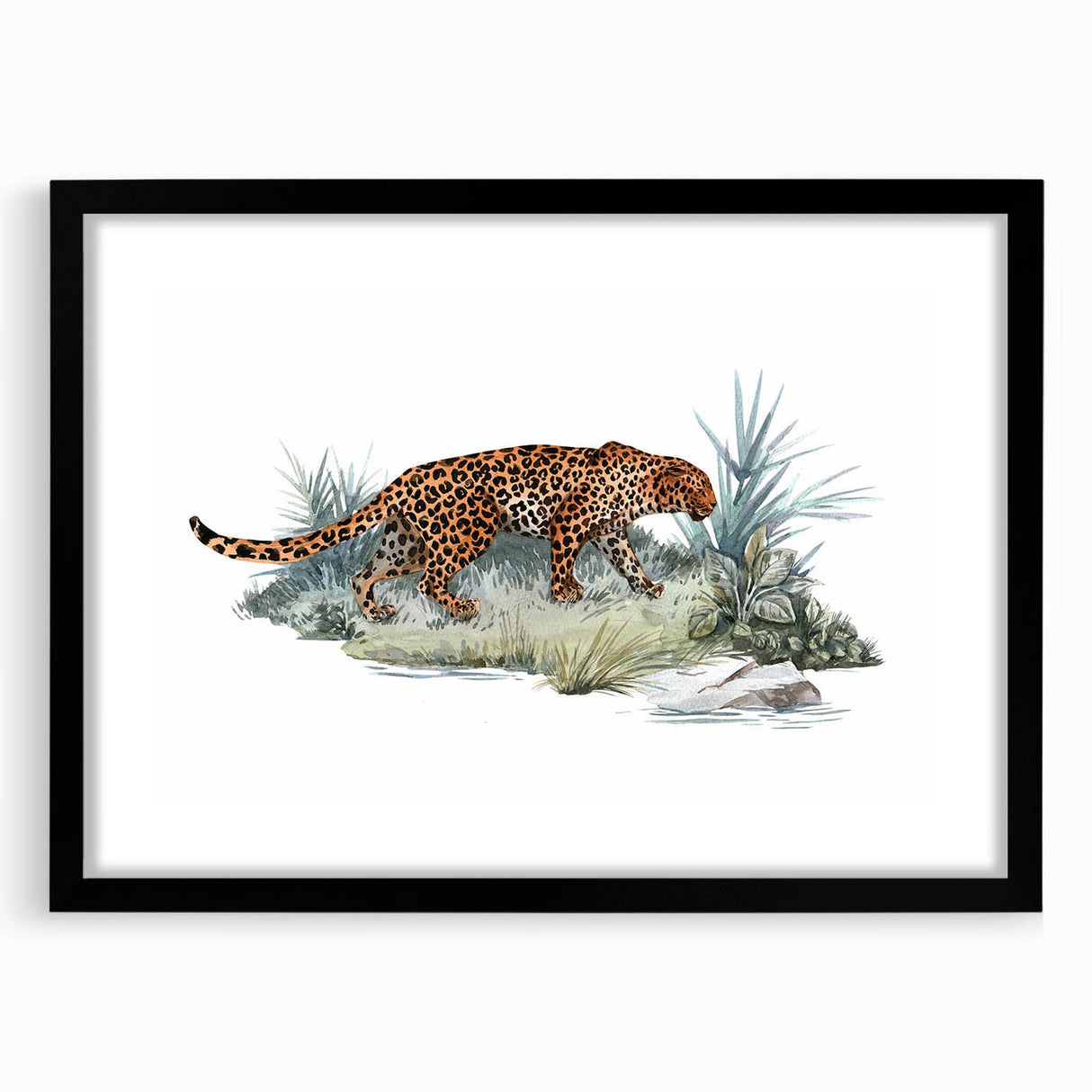 Jaguar wall art design in a sleek black frame with mat, showcasing a striking illustration of a jaguar in a vibrant jungle setting, perfect for wildlife enthusiasts.
