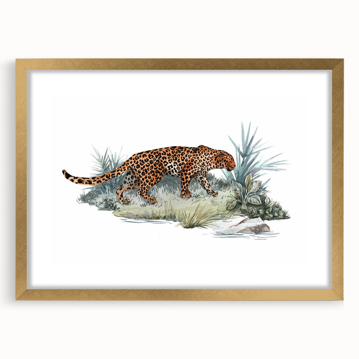 Jaguar wall art design featuring a striking gold frame and mat, showcasing a fierce jaguar in a vibrant jungle setting, perfect for wildlife enthusiasts.