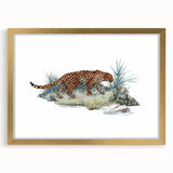 Jaguar wall art design featuring a striking gold frame and mat, showcasing a fierce jaguar in a vibrant jungle setting, perfect for wildlife enthusiasts.