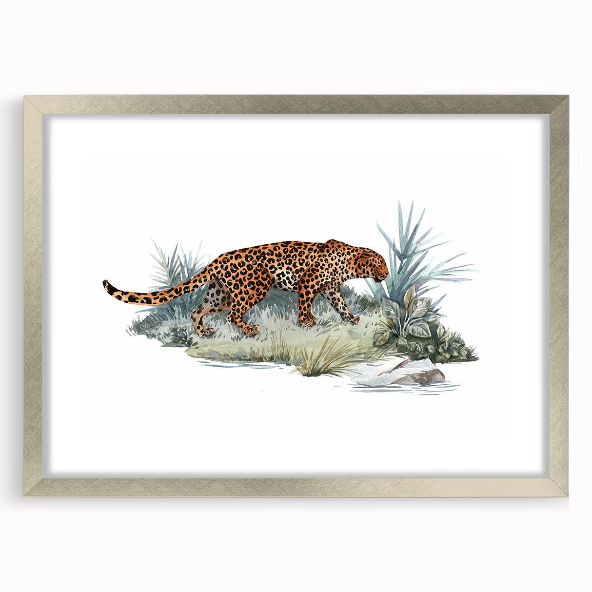 Jaguar-themed wall art design in a sleek silver frame with a white mat, showcasing a striking illustration of a jaguar in a vibrant jungle setting. Perfect for wildlife enthusiasts and modern decor.