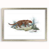 Jaguar-themed wall art design in a sleek silver frame with a white mat, showcasing a striking illustration of a jaguar in a vibrant jungle setting. Perfect for wildlife enthusiasts and modern decor.