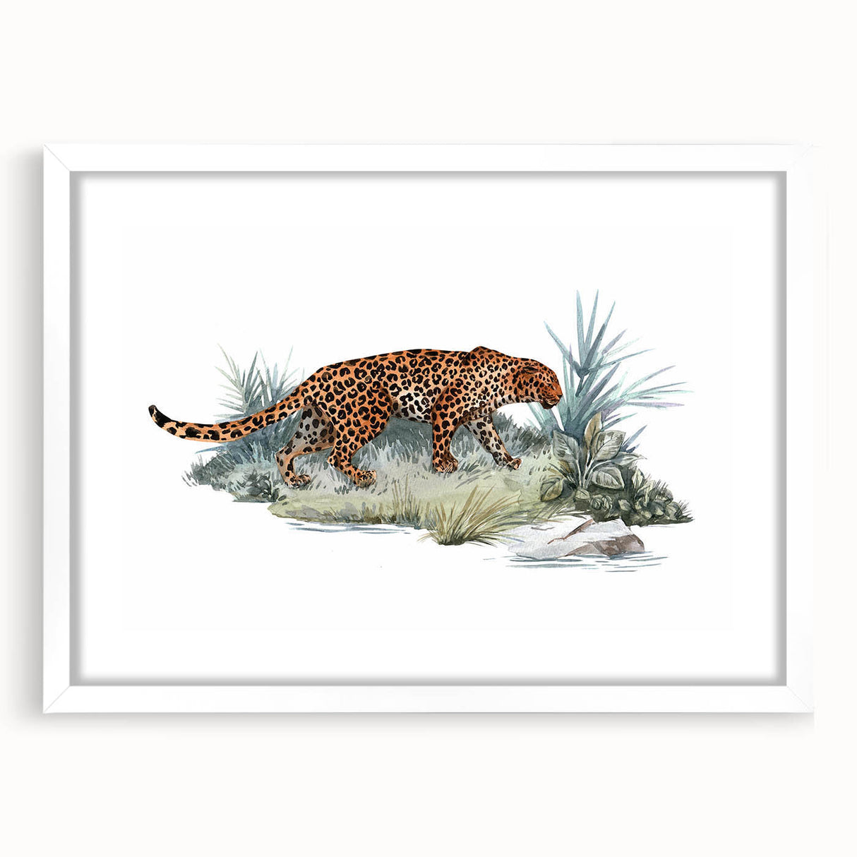 Jaguar wall art design framed with a white mat, showcasing vibrant colors and intricate details, perfect for animal-themed decor in modern interiors.