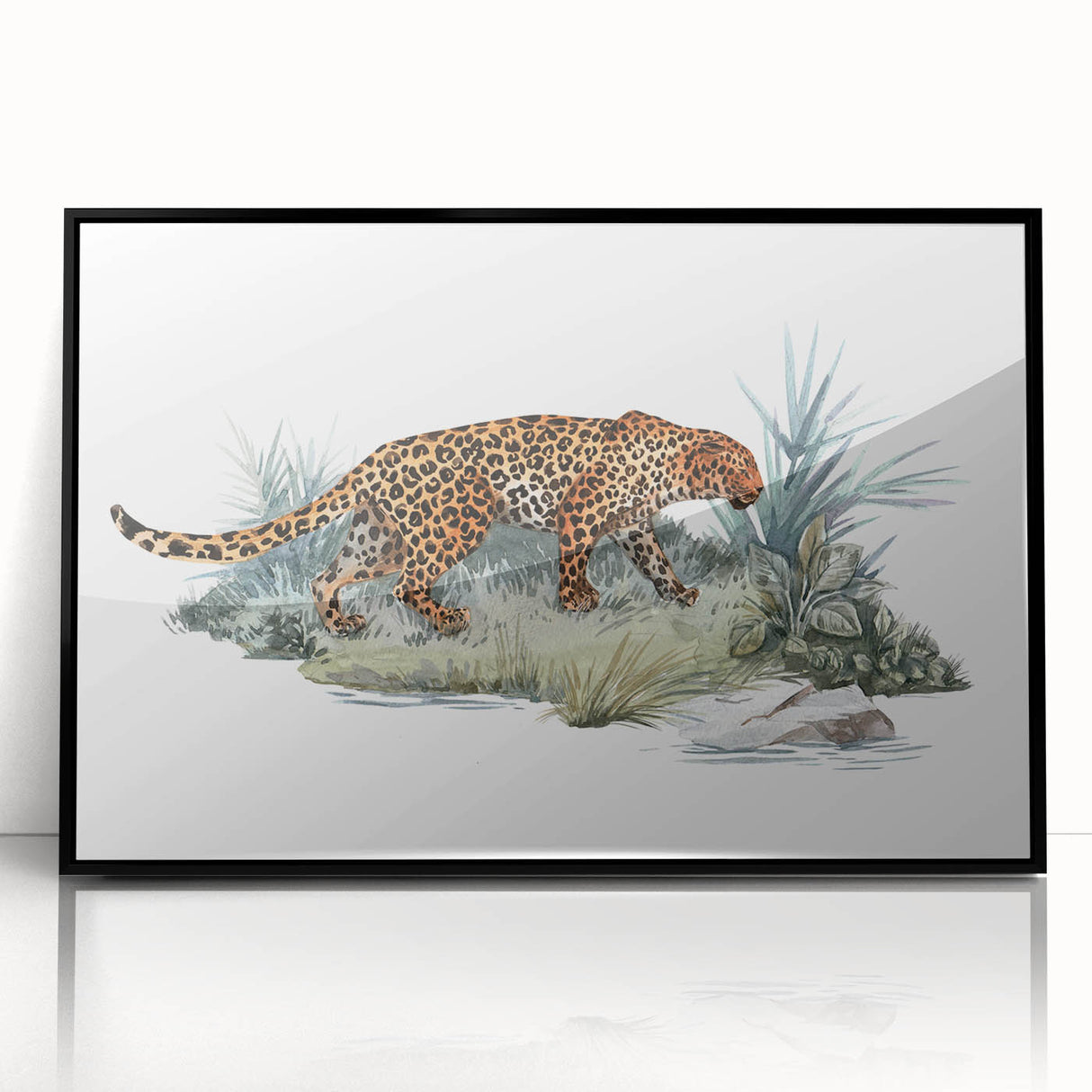 Framed wall art featuring a striking jaguar design in vibrant colors on acrylic glass, showcasing a black frame. Ideal for wildlife enthusiasts and home decor.