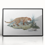 Framed wall art featuring a striking jaguar design in vibrant colors on acrylic glass, showcasing a black frame. Ideal for wildlife enthusiasts and home decor.