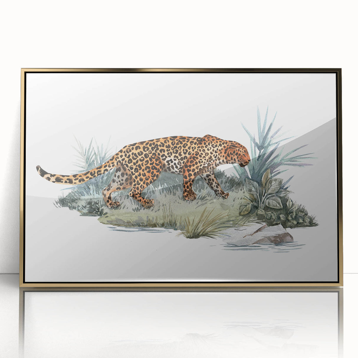 Framed wall art featuring a stunning gold-accented design of a jaguar in a lush jungle setting, perfect for wildlife enthusiasts and modern decor.