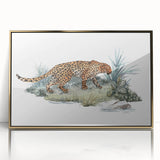 Framed wall art featuring a stunning gold-accented design of a jaguar in a lush jungle setting, perfect for wildlife enthusiasts and modern decor.