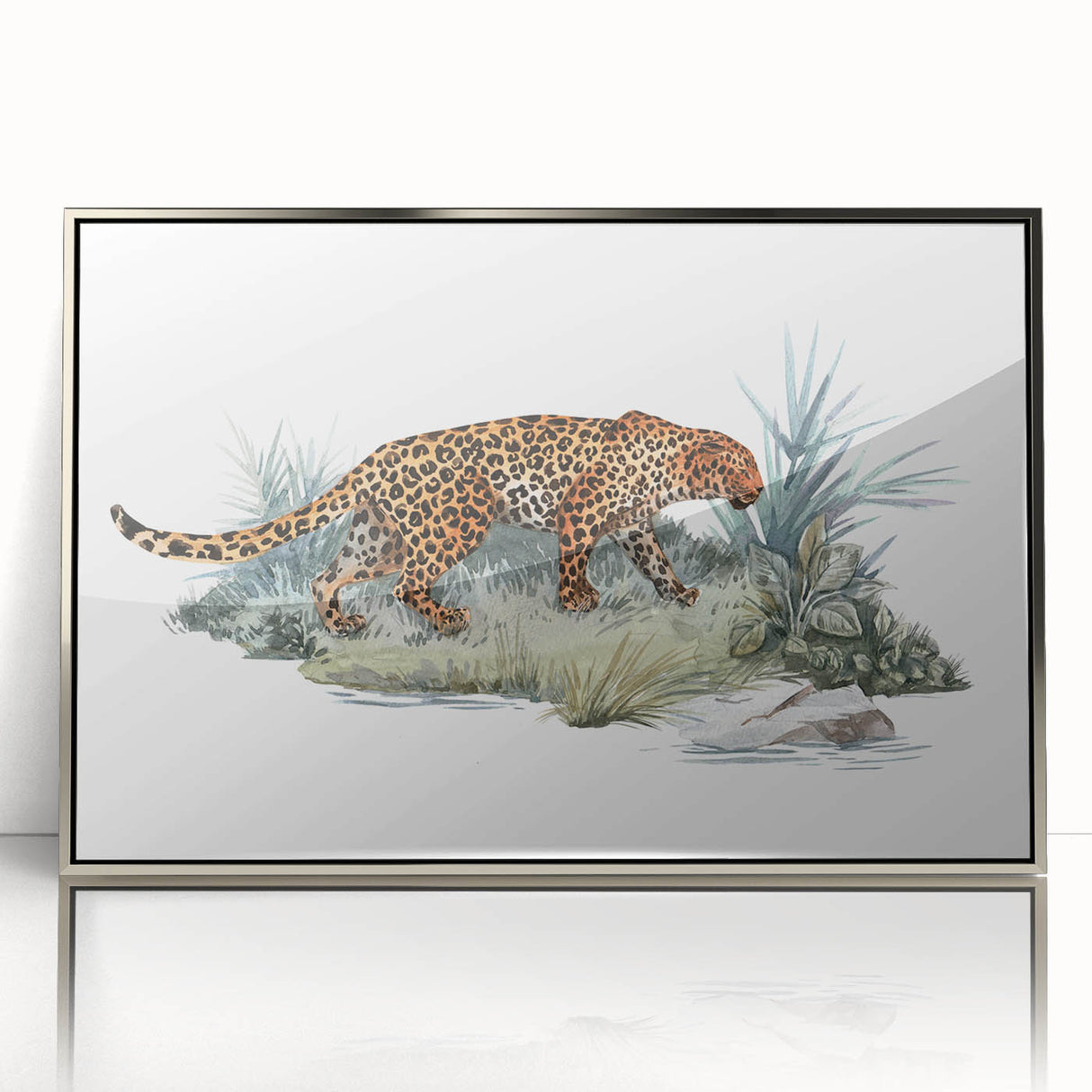 Framed wall art featuring a striking jaguar design in vibrant colors, showcasing the animal's fierce expression against a sleek silver acrylic background. Perfect for wildlife enthusiasts and modern decor.