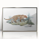 Framed wall art featuring a striking jaguar design in vibrant colors, showcasing the animal's fierce expression against a sleek silver acrylic background. Perfect for wildlife enthusiasts and modern decor.