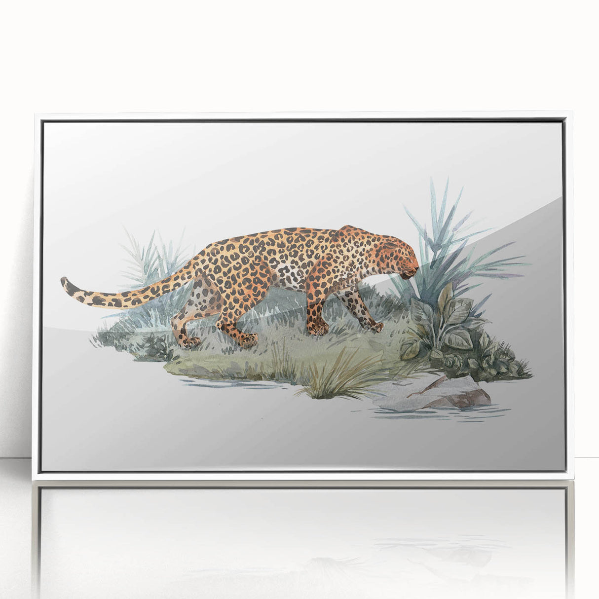 Framed wall art featuring a striking jaguar design in vibrant colors, set against a white background, perfect for wildlife enthusiasts and home decor.