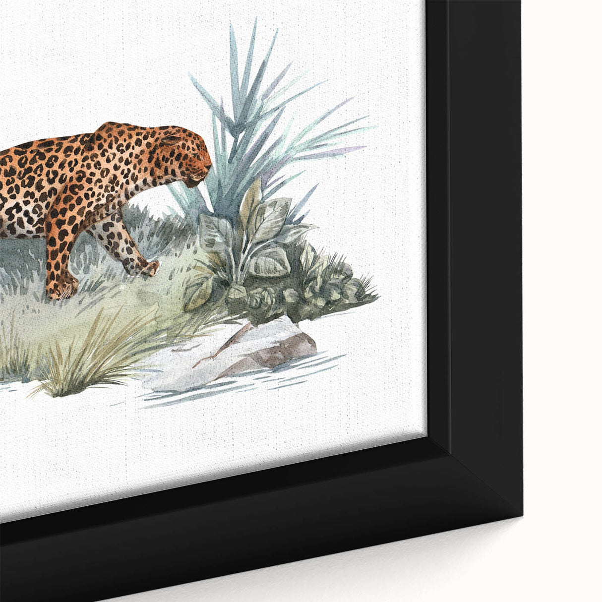 Close-up of a framed canvas wall art featuring a striking jaguar design, showcasing vibrant colors and intricate details, perfect for wildlife enthusiasts and home decor.