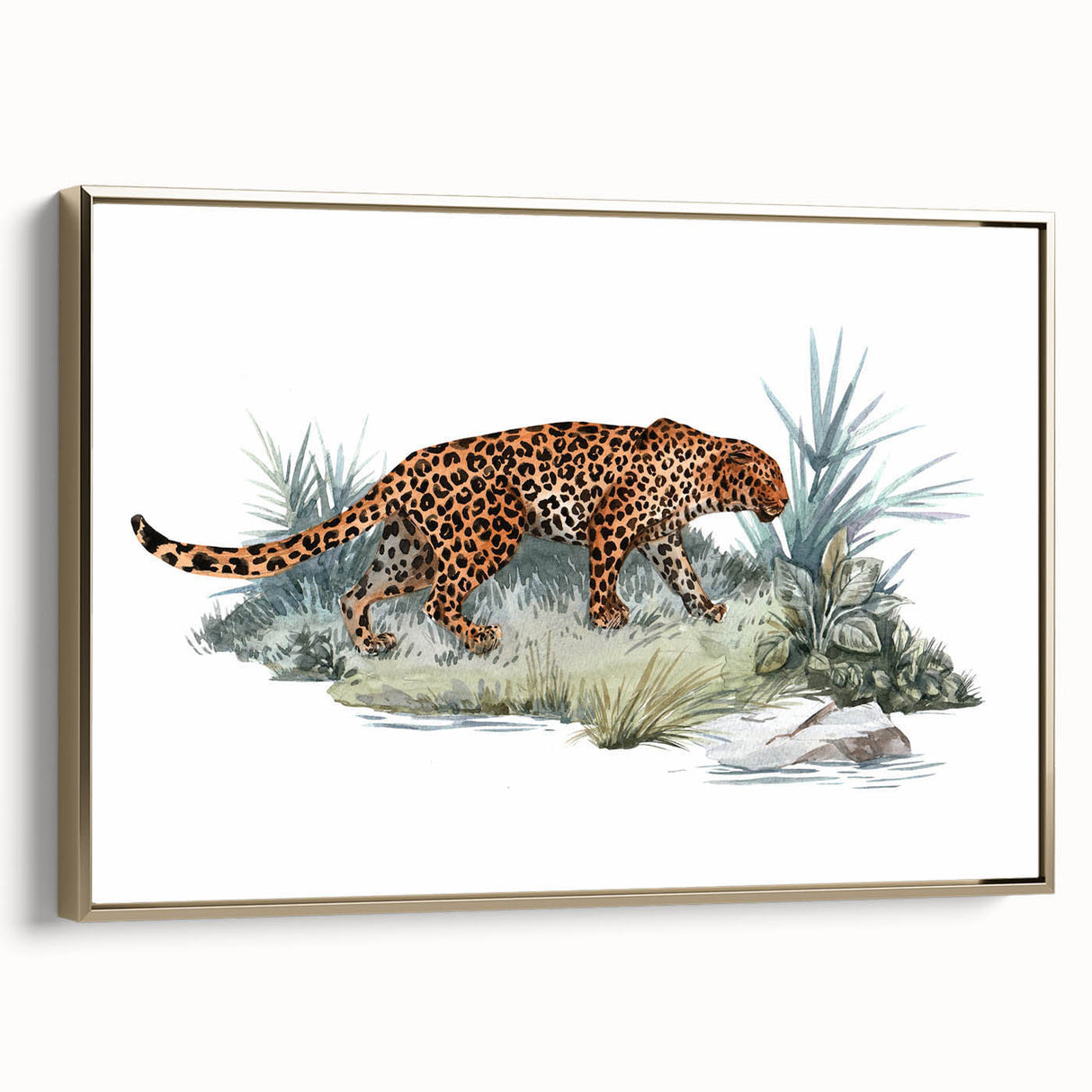 Framed canvas wall art showcasing a striking gold side view of a jaguar, designed for wildlife enthusiasts and modern decor, adding elegance to any space.