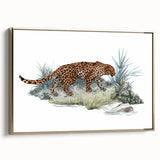Framed canvas wall art showcasing a striking gold side view of a jaguar, designed for wildlife enthusiasts and modern decor, adding elegance to any space.