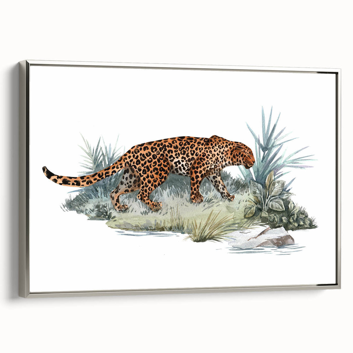 Framed canvas wall art featuring a striking silver-side view of a majestic jaguar, showcasing intricate details and vibrant colors, perfect for wildlife enthusiasts.