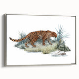 Framed canvas wall art featuring a striking silver-side view of a majestic jaguar, showcasing intricate details and vibrant colors, perfect for wildlife enthusiasts.