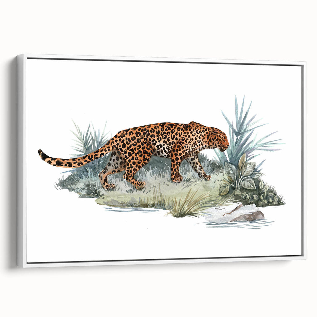 Framed canvas wall art depicting a striking jaguar design in vibrant colors, showcasing intricate details and textures against a white backdrop, perfect for wildlife enthusiasts.