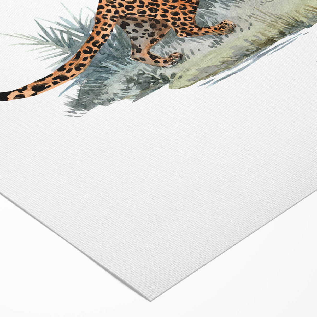 Vibrant rolled canvas artwork depicting a majestic jaguar in a lush rainforest setting, showcasing intricate details and rich colors, perfect for wildlife enthusiasts.