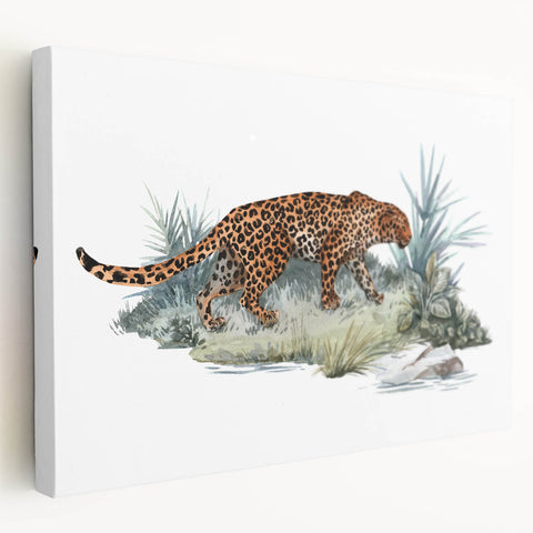 Jaguar design stretched canvas wall art showcasing a striking side profile of a majestic jaguar in vibrant colors, perfect for wildlife enthusiasts and modern decor.