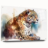 Side view of a jaguar-themed wall art piece, featuring vibrant colors and intricate designs, mounted on acrylic glass with visible pins for added depth and style. Perfect for animal lovers and modern decor enthusiasts.